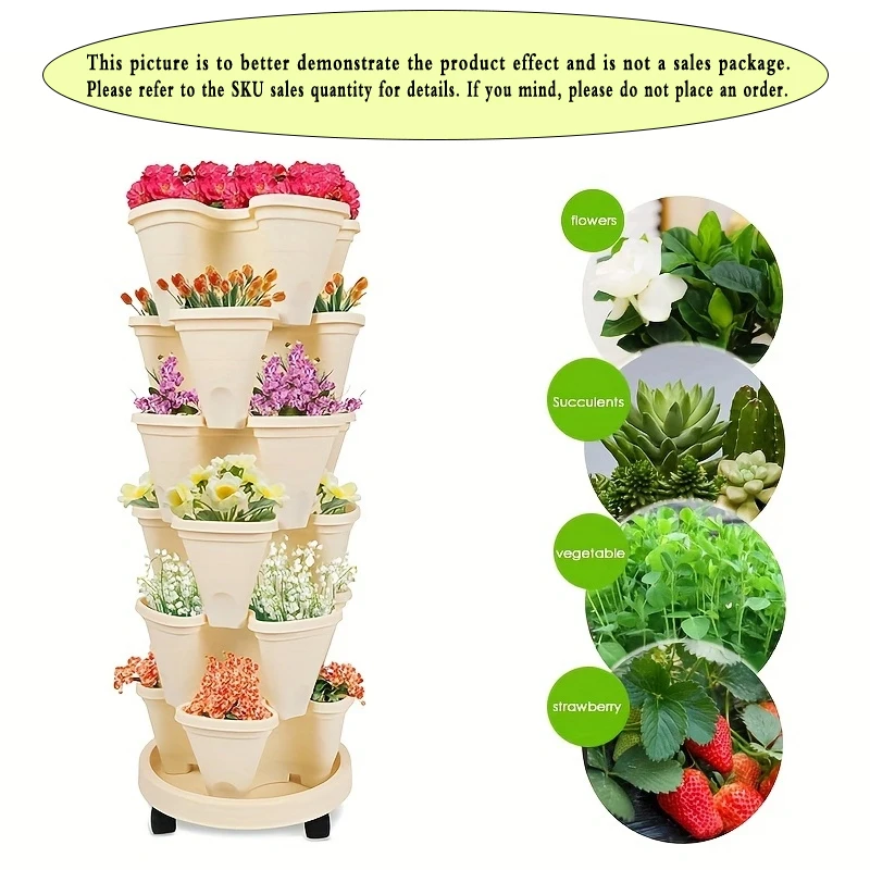 Fioriera Verticale A Torre 3 Livelli Impilabile Con Ruote E Sottovaso - Giardino Da Interno/Esterno Per Fragole, Erbe E Piante Piccole - Colore Bianco