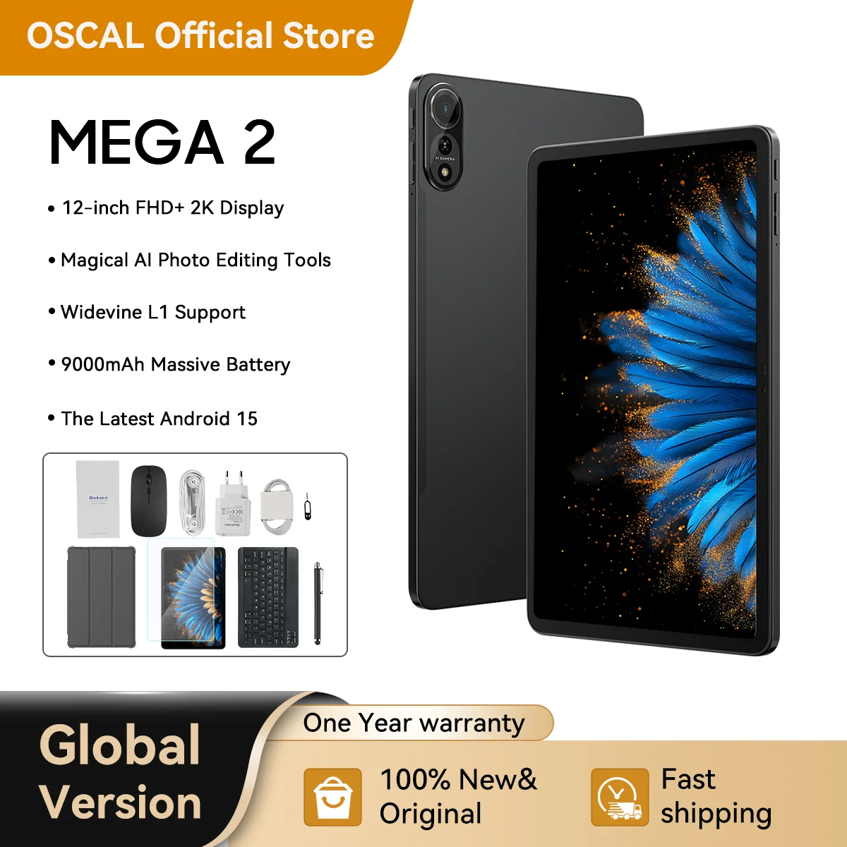 Blackview MEGA 2 Tablet PC SET, 12" 2.5K Display, Android 15 8GB +256GB, 9000mAh, With Bluetooth Keyboard, Mouse, Stylus