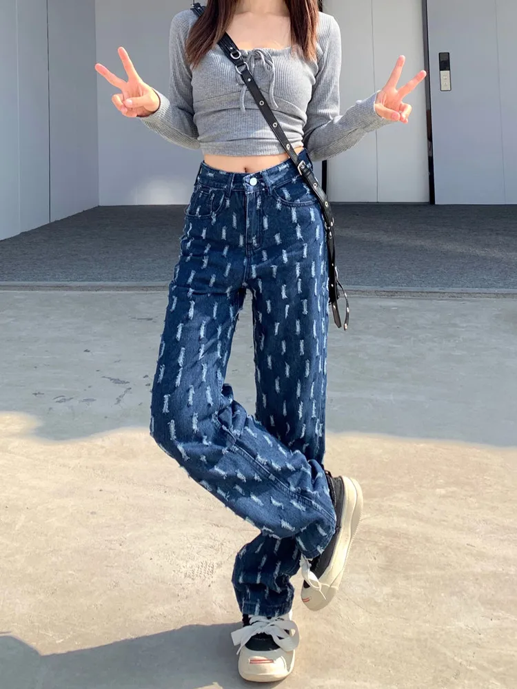 

Женская одежда Y2K, рваные джинсы в стиле High Street, мешковатые джинсы, летние укороченные шаровары, широкие прямые джинсы в стиле панк