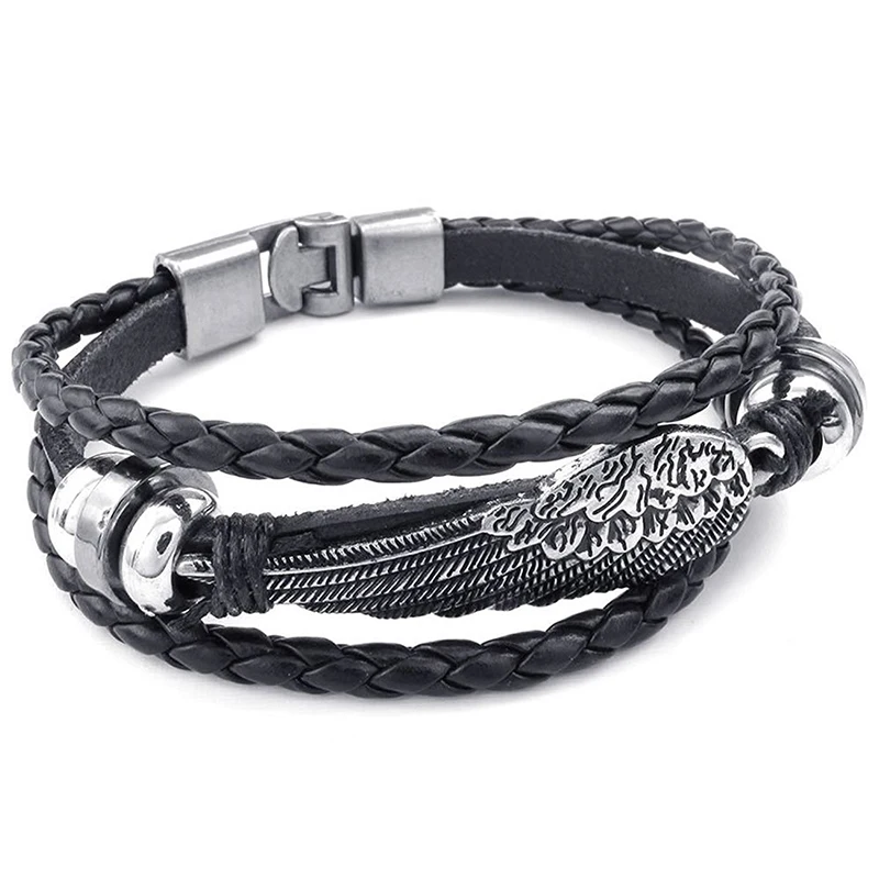 Retro Metal Buckle Bracelet Jewelry Wing Angel Braid Cuff Leather Alloy Fancy For Man And Woman Hand Chain Color Black |