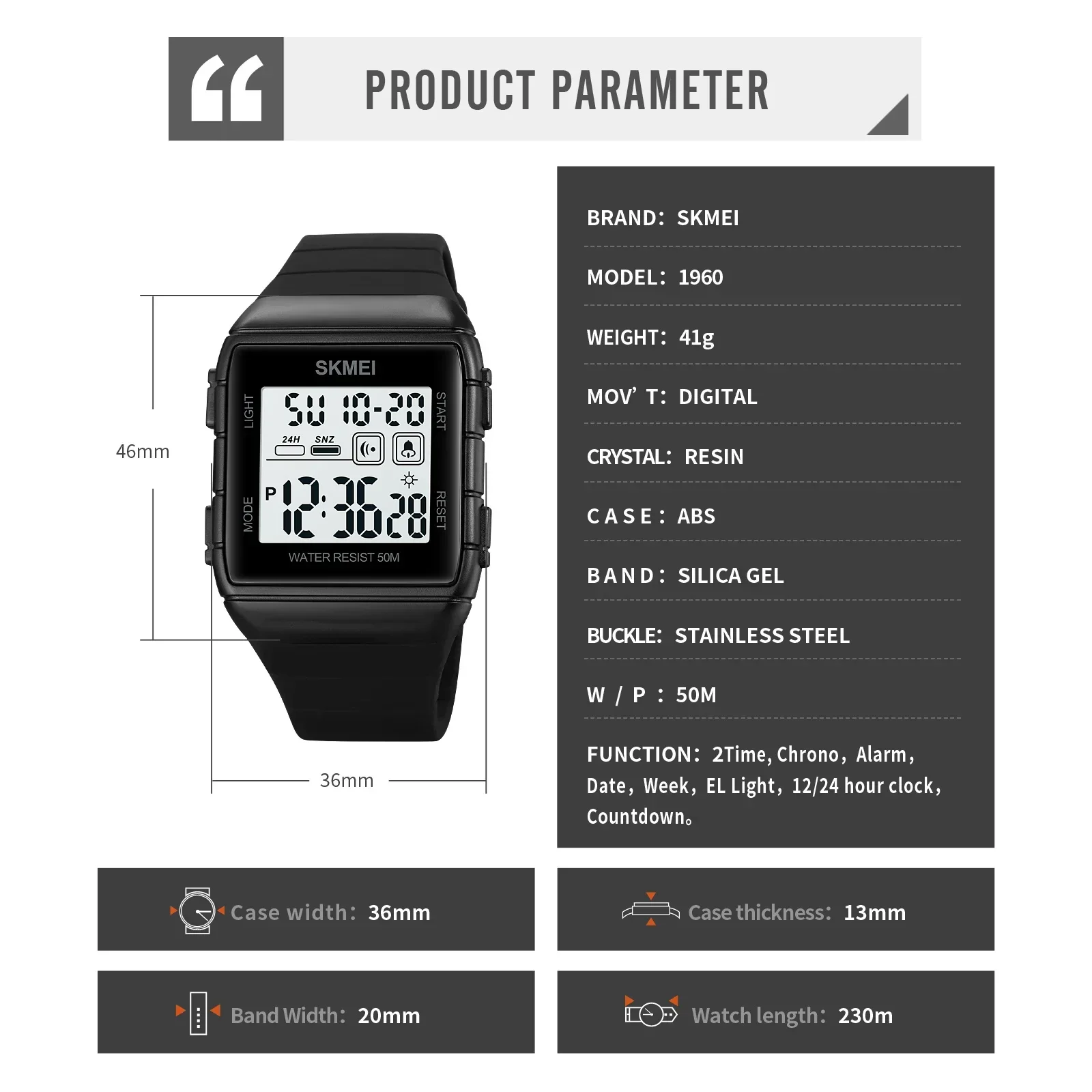 SKMEI 1960  reloj hombre Japan Digital movement Mens Sport Military Countdown Alarm Clock 5Bar Waterproof LED Light Wristwatch 6