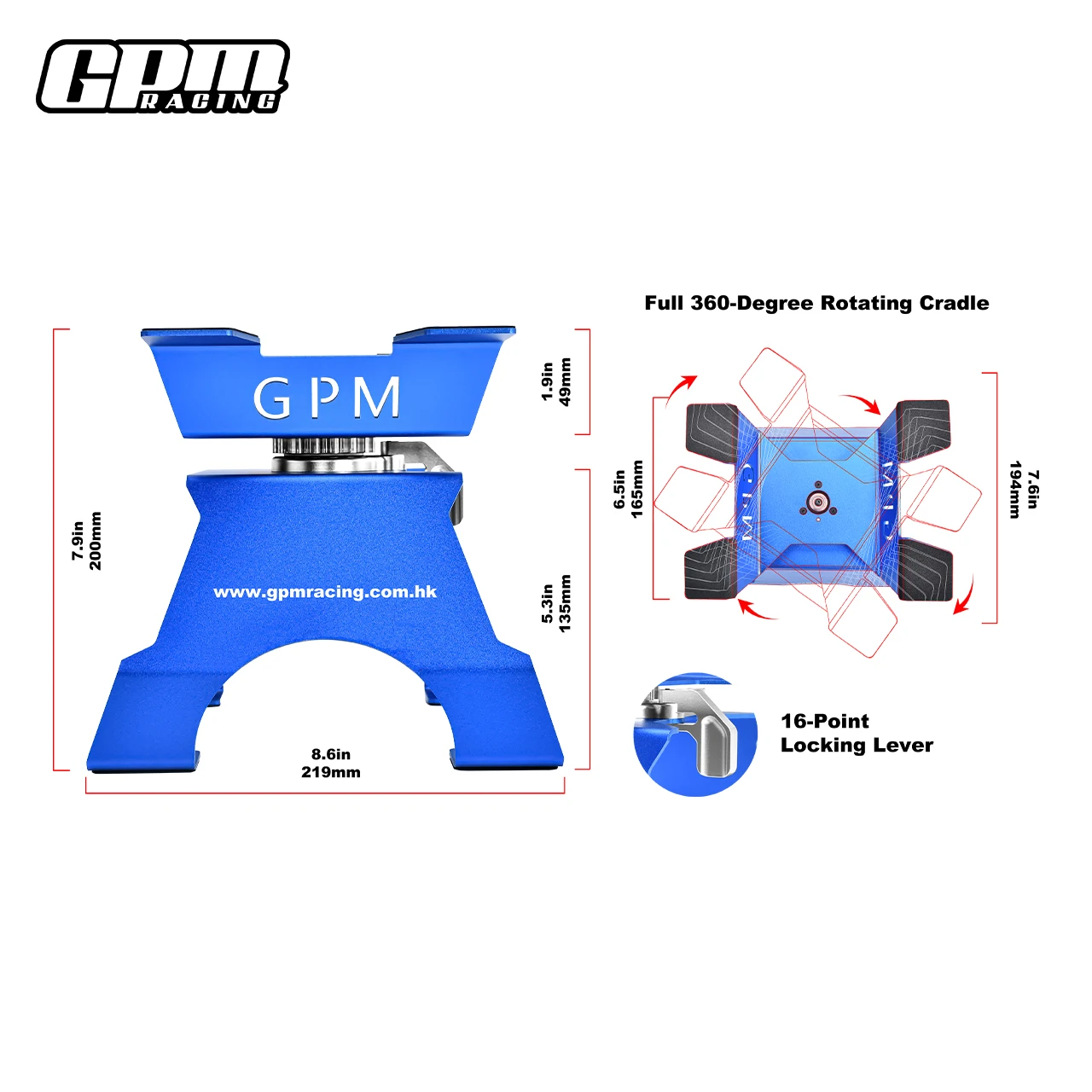 Support de voiture RC GPM en aluminium pour 1/10, vue de face avec finition rouge.