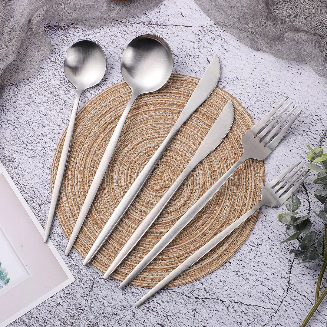 

Western Silver Cutlery Set 6Pcs Matte Stainless Steel Dinnerware Set Fork Knife Spoon Tableware Set Silverware Dropshipping