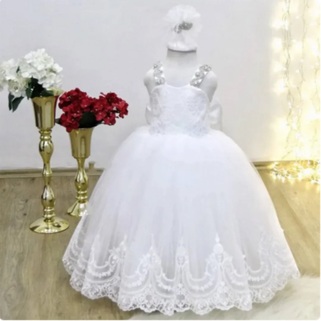 

Lace Formal Party Dresses For Wedding Birthday Guest High Jewel Corsst Back Flower Girl Dress With Sleeves