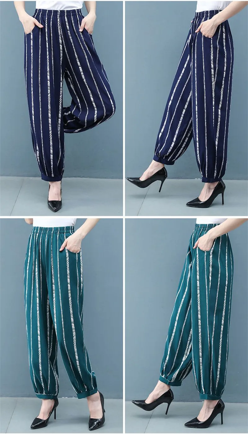 Cotton Silk Pants Women New Spring Summer Elastic High Waist Harem Pants Fashion Printed Casual Wide Leg Pants Female Trousers