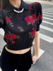 Spring Summer Women Vintage Flowers Turn Down Collar Short Sleeve Knitted Pullover Crop Top Kawaii Black Sweater Y2k Tops Korean 3
