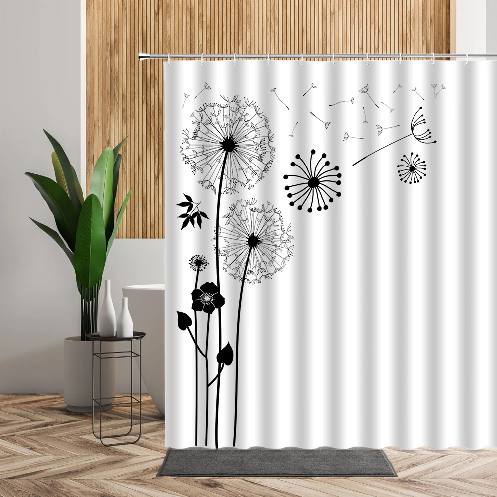 Black And White Shower Curtains Plants Flowers Dandelion Print Fabric Bathroom Decoration Sets Waterproof Home Bathing Curtain 6
