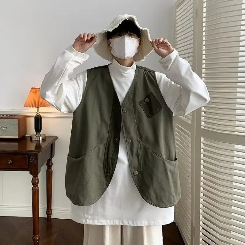 

Spring Autumn Winter Solid Casual Button Vest Cardigan Safari Style Jacket Men's Loose Cool Boys Pocket Patchwork All Season