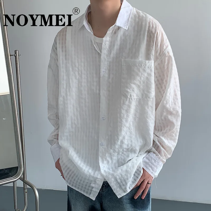 

NOYMEI Casual Korean Style Loose Shirt Simple All-match Lapel Solid Color Single-breasted Breathable Slight Perspective Blouses