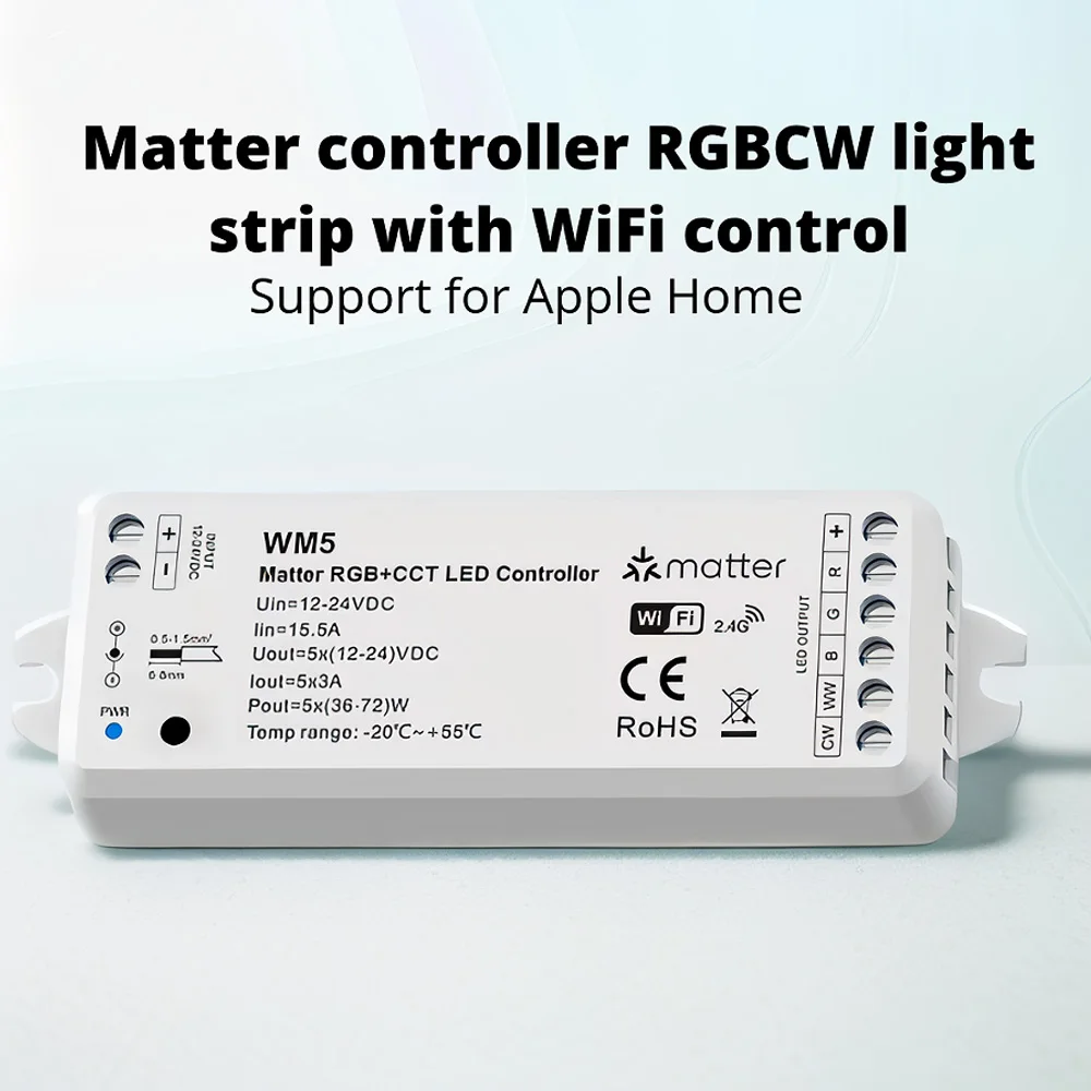 

Matter WiFi RGBCW LED Strip Controller 12V 24V 6 Pin RGB+CCT Dimmable Light Control for Alexa Homekit Smartthings Home Assistant