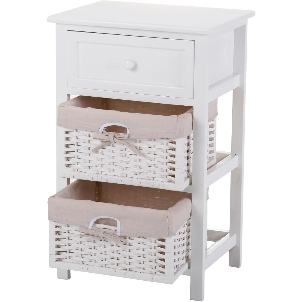 Fully Assembled Nightstand with 2 Rattan Wicker Baskets, Wooden Bedside Sofa Table, Mid Century Modern End Table