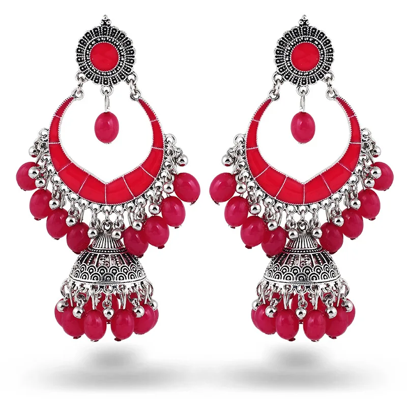 Vintage Ethnic Rose Red Drop Earrings For Women Pendient Silver Plated