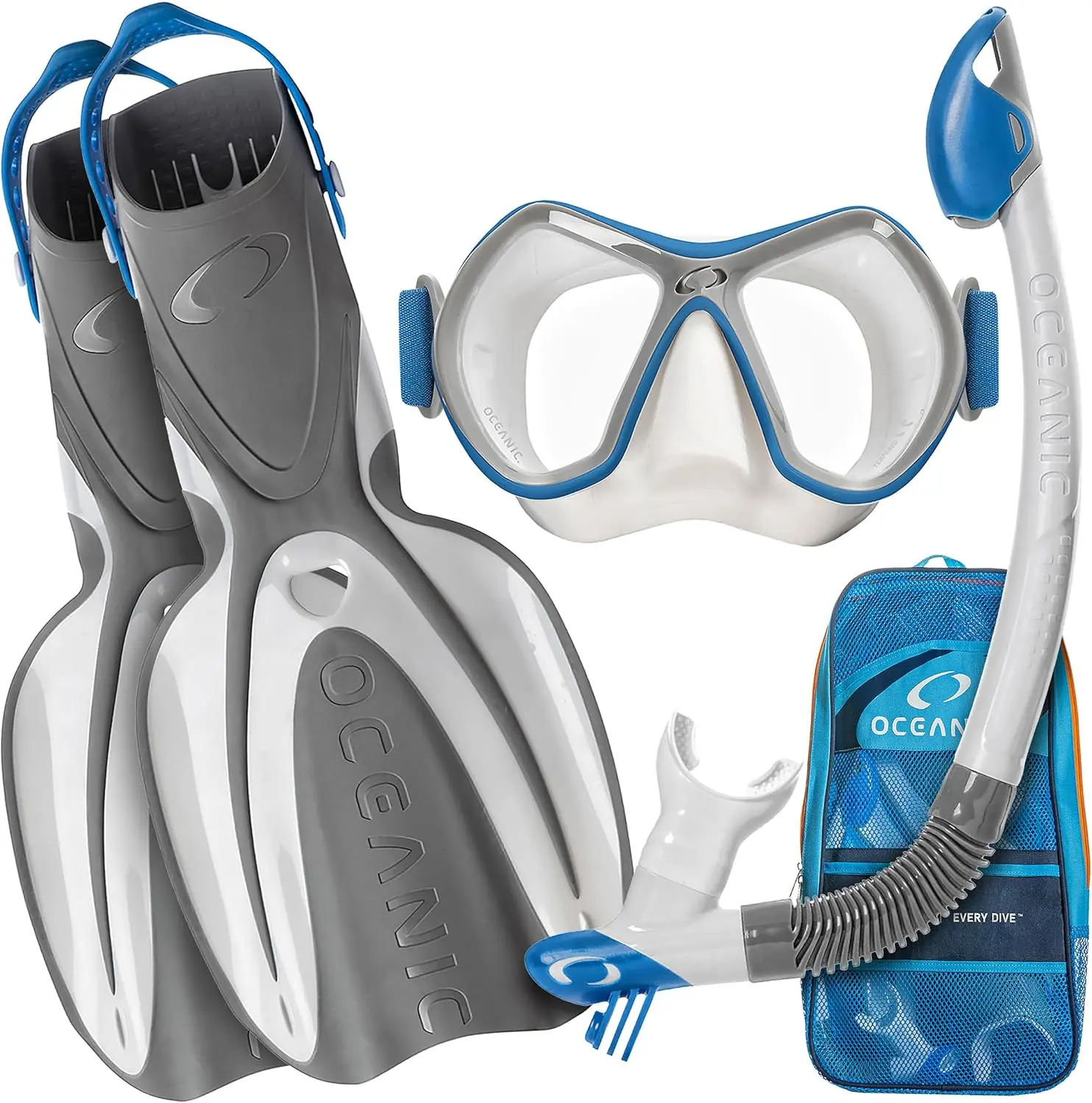 Complete Snorkeling Set: Tempered Glass Scuba Diving Mask with Panoramic Wide View, Snorkel, Fins, and Mesh Gear Bag
