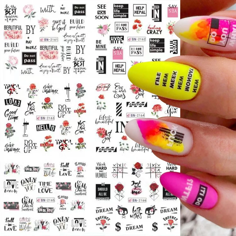 

12PCS Summer Nail Stickers Letter Heart Flower Water Decal Slider For Manicuring Watermark Transfer Nail Art Sticker Accesorios