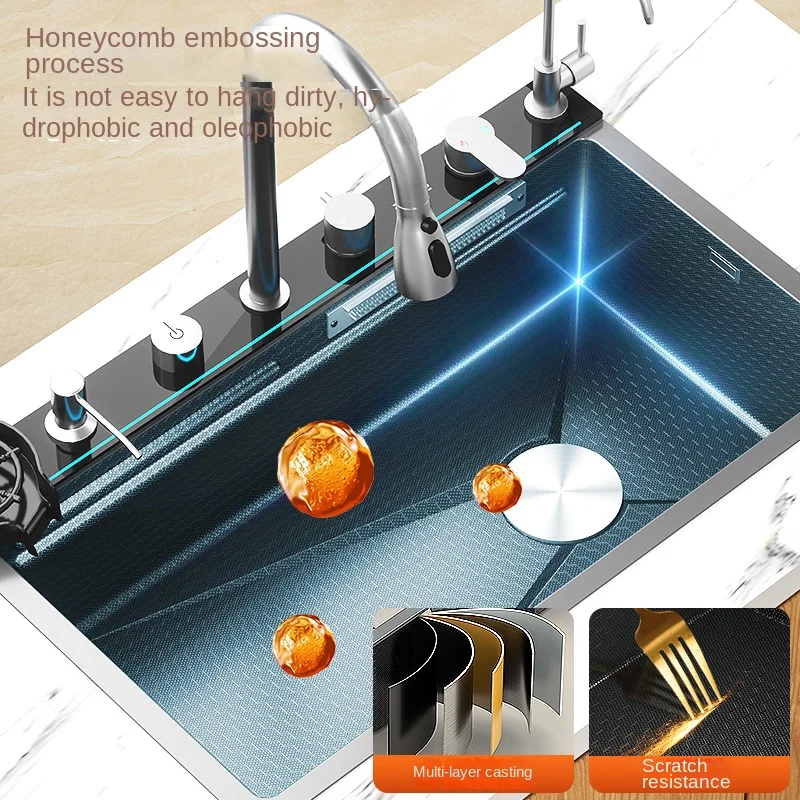 Stainless Steel Kitchen Sink Waterfall Sink Honeycomb Embossed Large Single Slot Home Multifunctional Nano Wash Basin 5