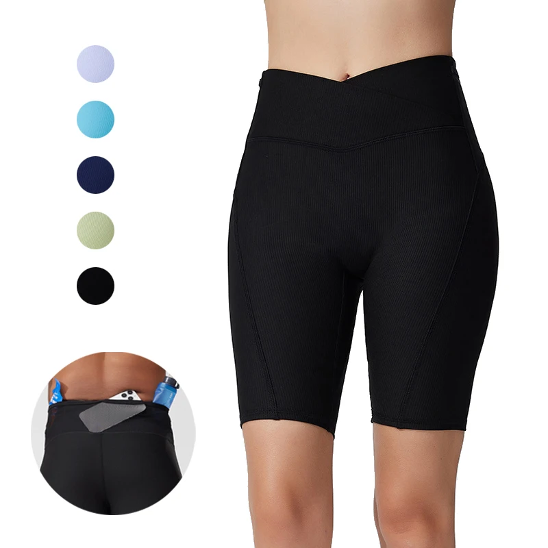 (S-XL)Women High Waist Compression Yoga Shorts Quick Dry Tights with Mesh Back Multi-Pocket Running Fitness Bottoms 80% Nylon