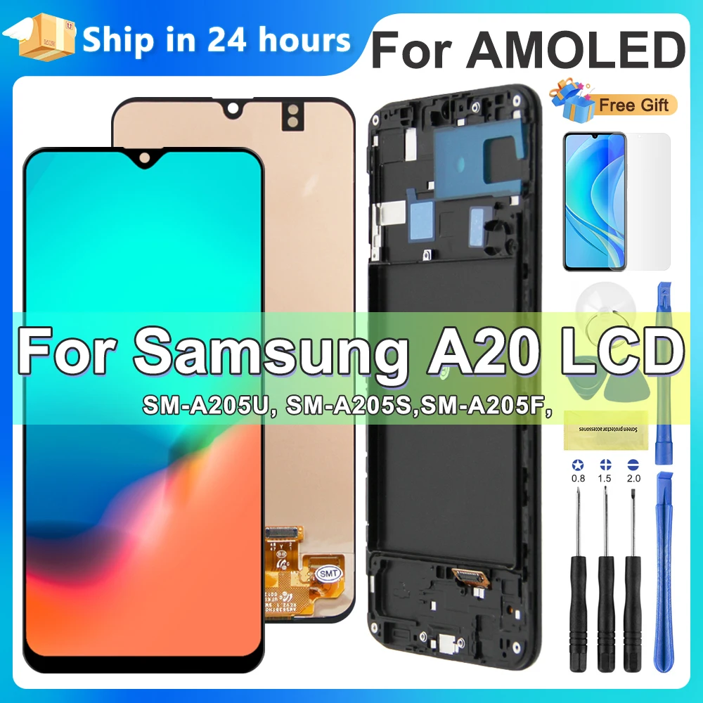 

AMOLED A20 Display Screen replacement With Frame for Samsung Galaxy A20 A205F/DS Lcd Display Touch Screen Digitizer Assembly