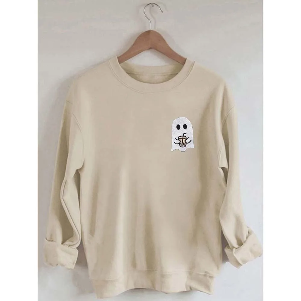 

Rheaclots Iced Coffee Ghost Print Women's Cotton Female Cute Long Sleeves Sweatshirt