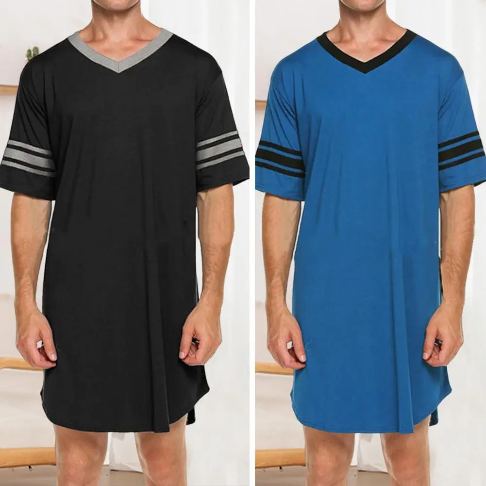 남성 여름 탑 컬러 매칭 남성 Loungewear 긴 스타일 짧은 소매 V 넥 홈 의류 스트라이프 인쇄 남성용 잠옷