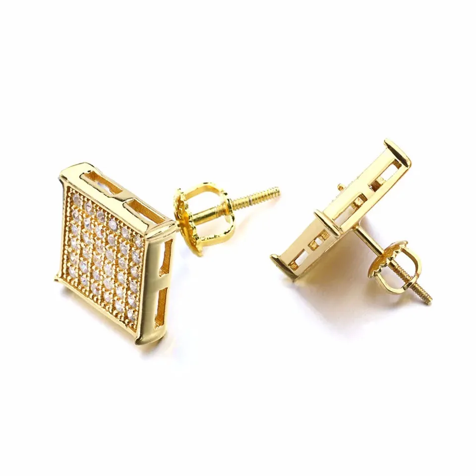 Fashion Silver Stud Earrings Screwbacks Gold Colour Square Earrings CZ Diamond Men Women 10.2MM Jewelry Gift