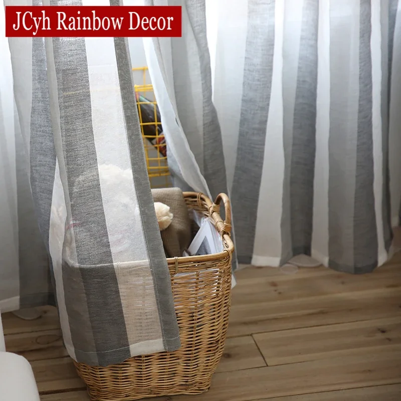 Stripe Sheer Tulle Curtains For Living Room Bedroom Voile Curtains For Window Gray Linen Fabric Modern Drapes