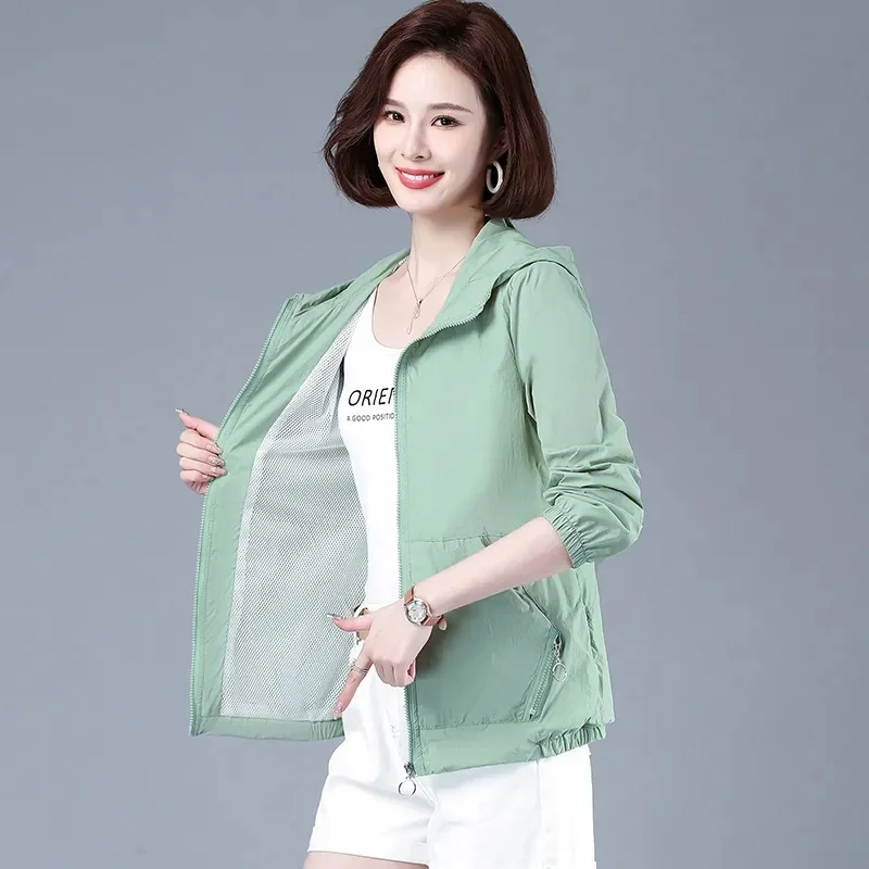 

2023 New Summer Sun Protection Women's Jacket Long Sleeve Casual Windbreaker Female Hooded Overcoat Loose Basic Coats Outwear