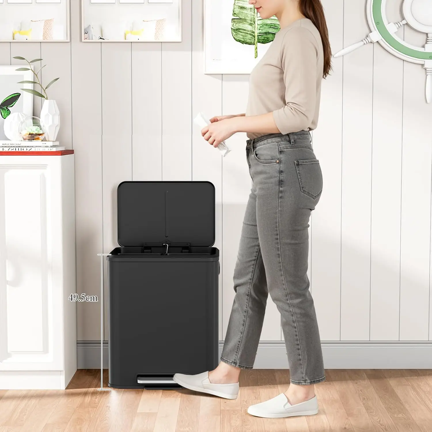 Küchen-Mülleimer aus Edelstahl, Pedalbehälter, Abfalltrennsystem, sanft geschlossener Deckel, 2 x 15 l abnehmbarer Inneneimer, Schwarz – Detail 7