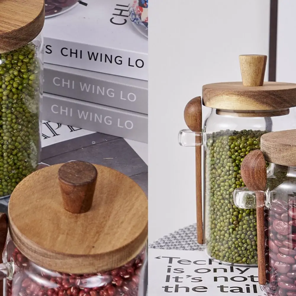 Glass Sealed Jar Five Grains Coffee and Tea Storage Can with Wooden Spoon Seasoning Bottle Kitchen Moisture-proof Storage Tank 2
