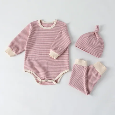 Romper Set Spring Stripe Pattern Long Sleeve Triangle Jumpsuit Trousers Hat Three-piece Suit Autumn Winter Kid Clothes Girl