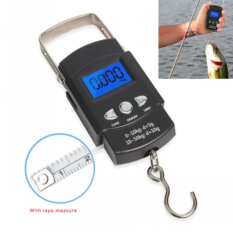 Fishing scales 50kg Pocket Fishing Scale Portable Electronic Scale LCD Display with Measuring Tape Ruler Digital Hanging Hook Fish Tool