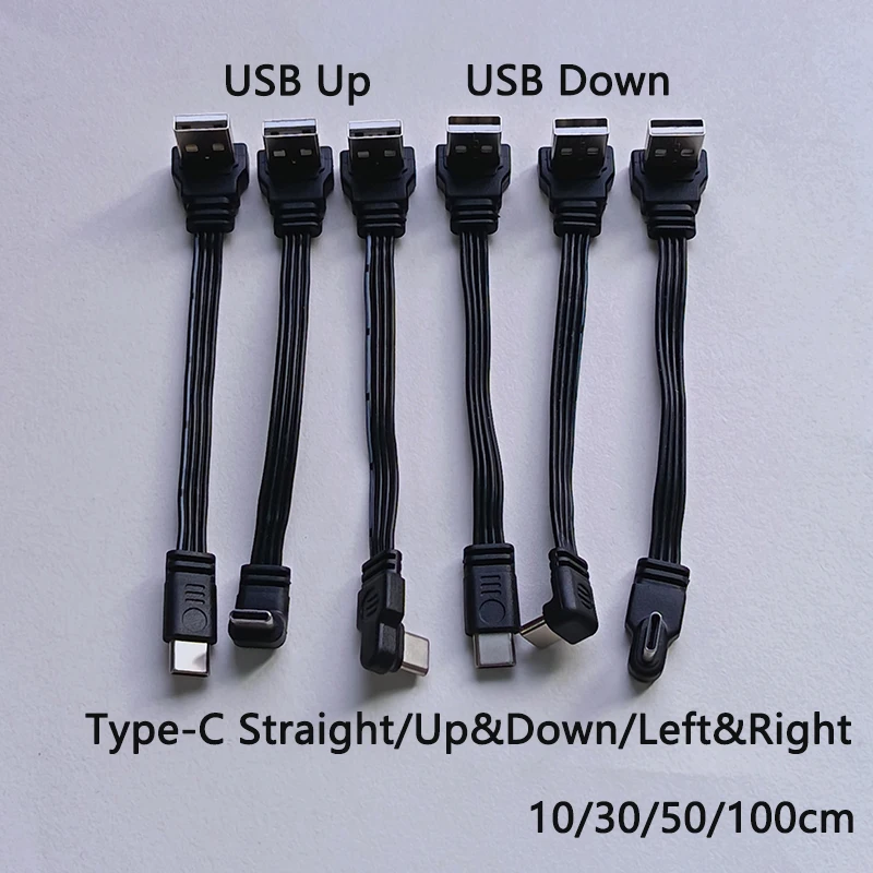 1PC USB A to Type-C 고속 충전 데이터 케이블 직선/위/아래/왼쪽/오른쪽 각도 플랫 실리콘 소프트 와이어 10-100cm