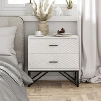 Bedside Table.Set of 2Modern 2-Drawer Nightstand, Contemporary Line Accent End Side Table with Black Metal Base,Distressed White 2