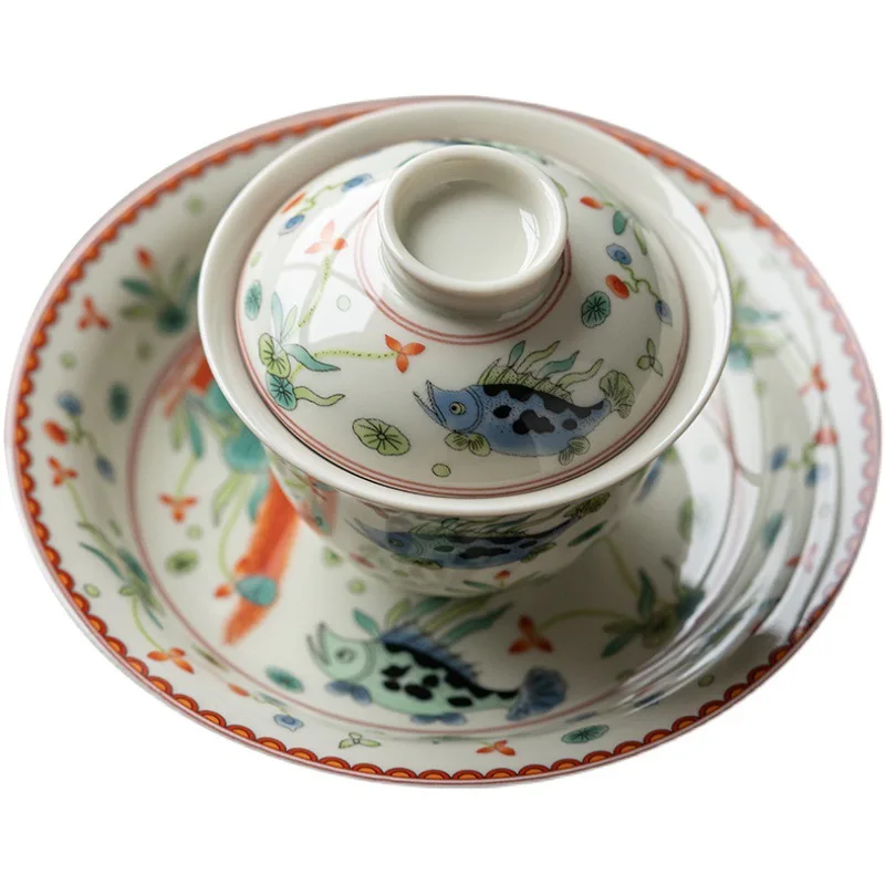 180ml huashangbaihuodian Main de Poisson Riche en céramique Peinte à la Main en Porcelaine Gaiwan Kung Fu thé Ensemble Fait à la Main Tasse à thé 