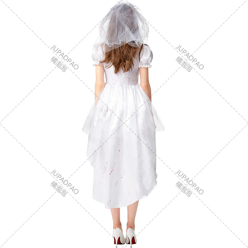 Zombie Death Bride Costume Adult Female Halloween Carnival Ghost Vampire Role Play Uniform, White Ghost Bride Blood Clothes