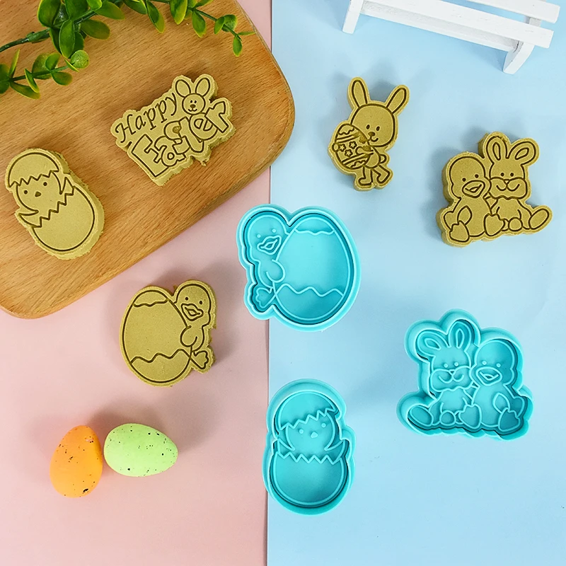 4pcs Bunny Egg Rabbit Chick Easter Theme Plastic 3D Cookie Cutter Plunger Baking Mould Cookie Tools Pastry Cake Decorating Tools