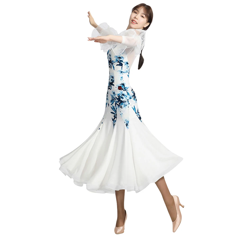 

Trumpet See-through Sleeves Ballroom Dance Competition Dress Dancing Standard Pratice Wear Women Slim Stage Performence Costume