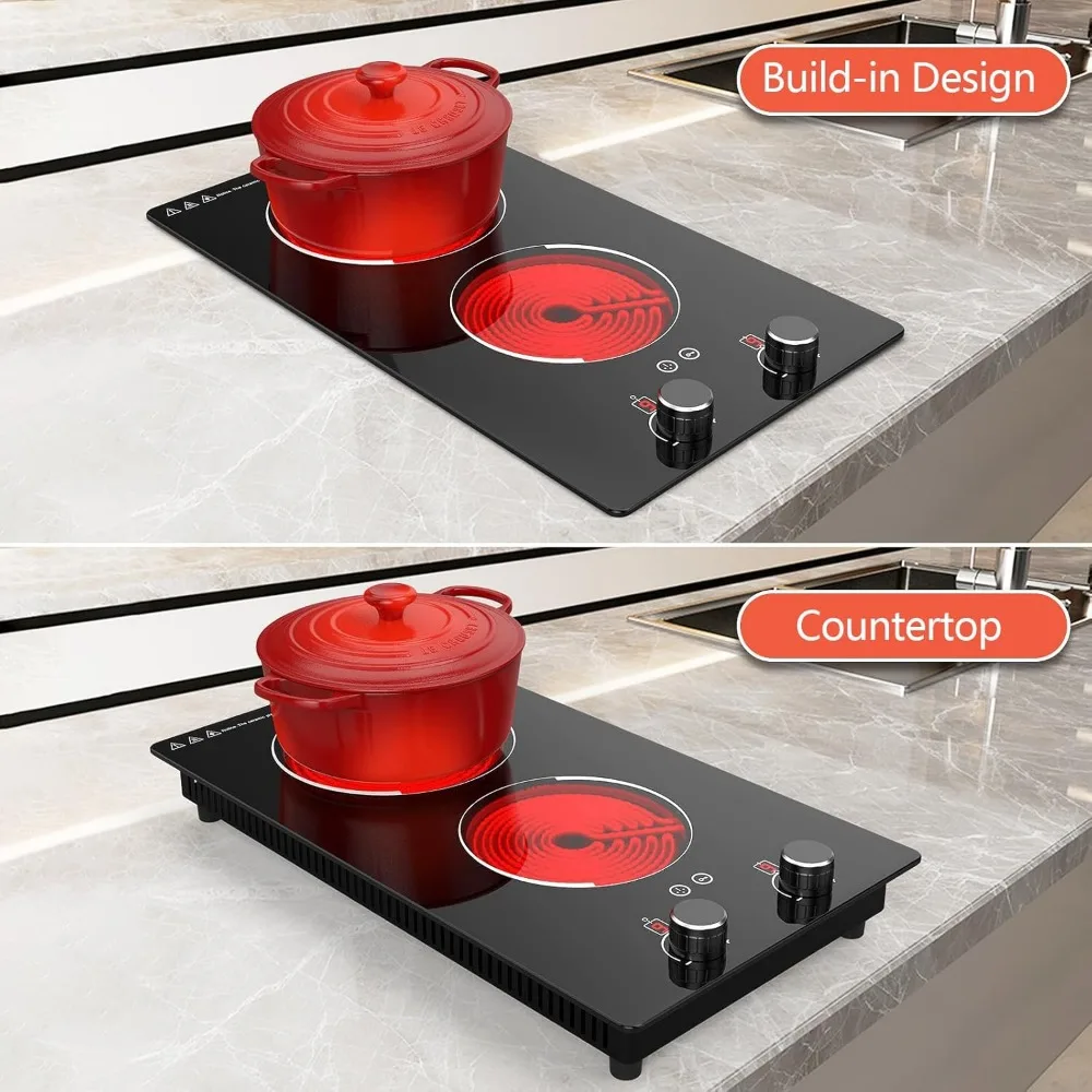 110v Electric Cooktop 2 Burners, 12'' Electric Stove Top with Plug in, Knob Control Countertop & Built-in Ceramic Cooktop