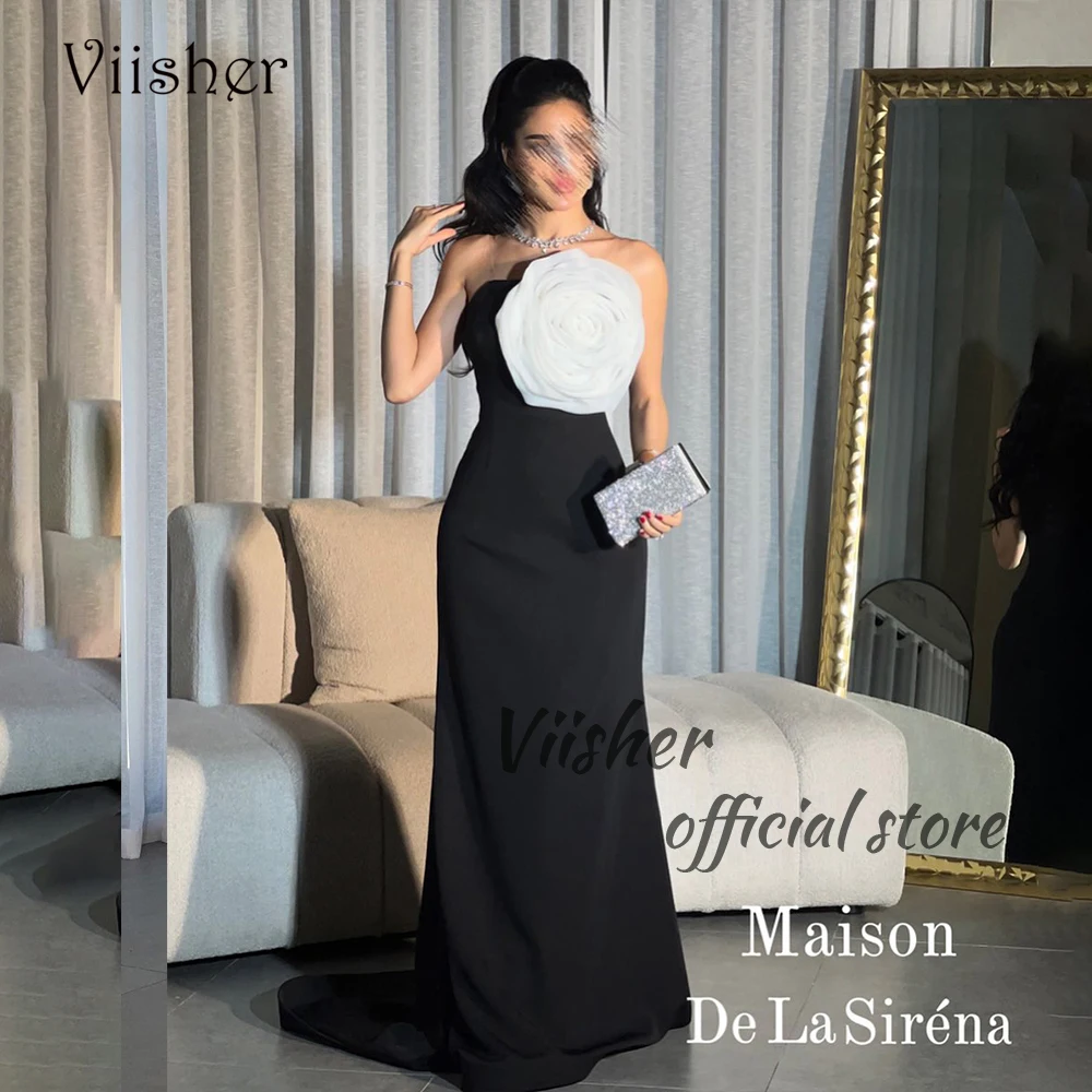 

Viisher Black Mermaid Evening Dresses with Flower Strapless Arabian Dubai Formal Prom Dress for Women Long Evening Party Gowns