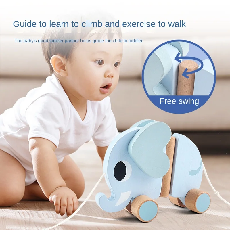 나무 어린이 코끼리 당기는 밧줄 카트, 견인 장난감,  소년,  소녀 , 어린이 선물, 조기 교육 장난감