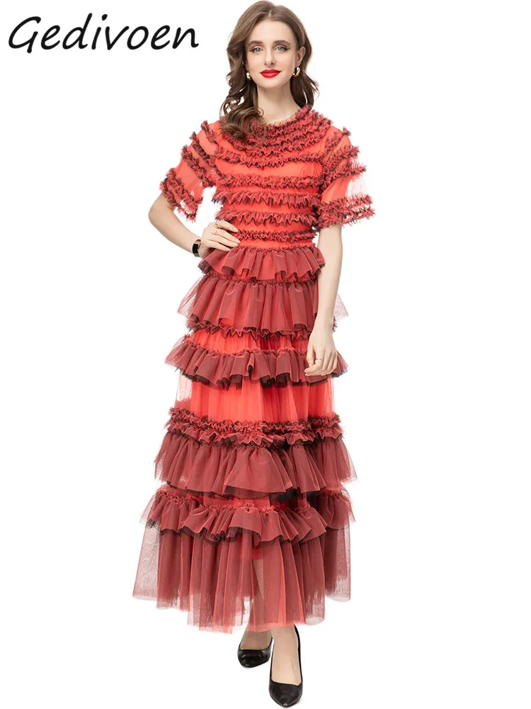 

Gedivoen Autumn Fashion Runway Coral Red Vintage Mesh Dress Women O Neck Short Sleeve Ruffles High Waist Slim A-LINE Long Dress