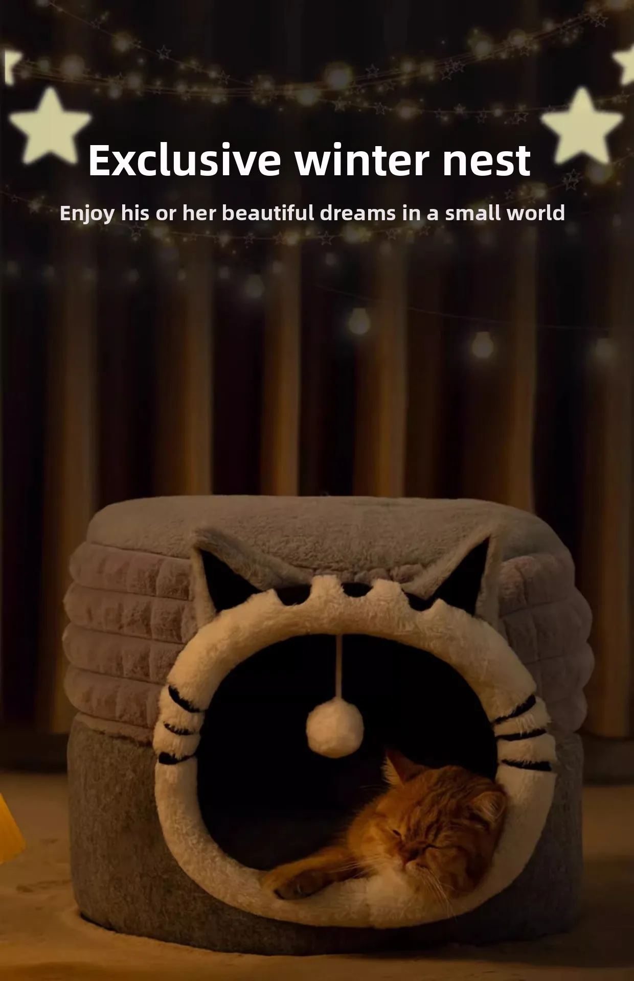 Cozy enclosed cotton pet nest for cats and kittens.