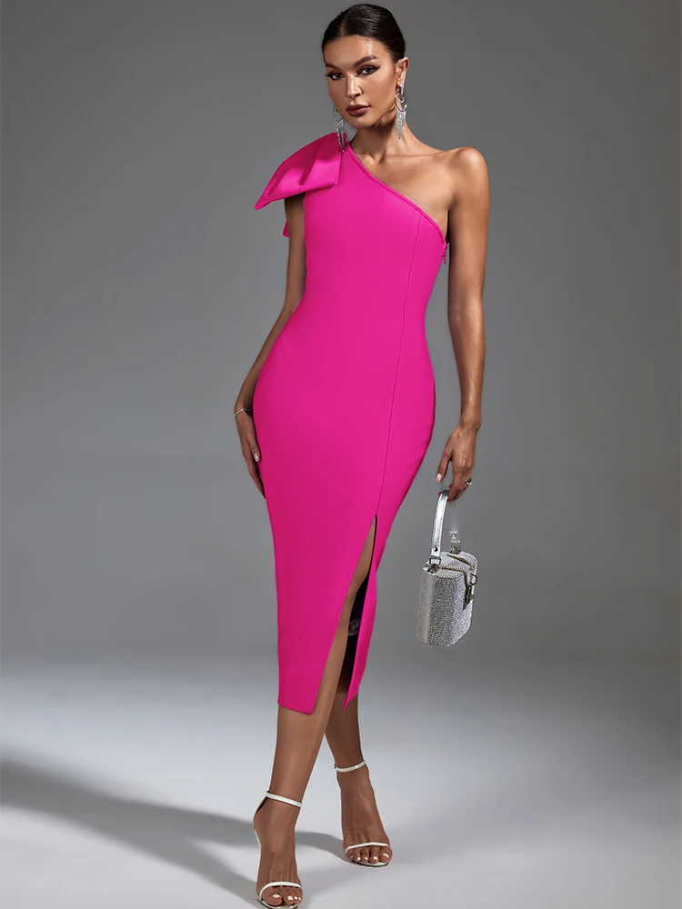 

Pink Bandage Dress Women Midi Party Dress Bodycon Elegant Ruffle Sexy One Shoulder Evening Birthday Club Outfits Summer 2023