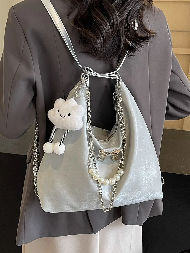 Elegant Silver Large-Capacity Tote Bag with Chain Strap - Perfect