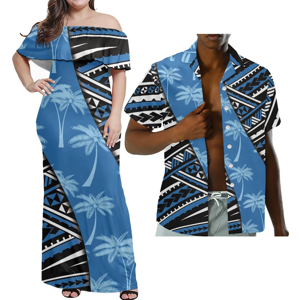 

HYCOOL HD Tropical Coconut Print Royal Blue Hawaiian Dress Polynesian Tribal Party Couple Clothes Off Shoulder Long Summer Dress