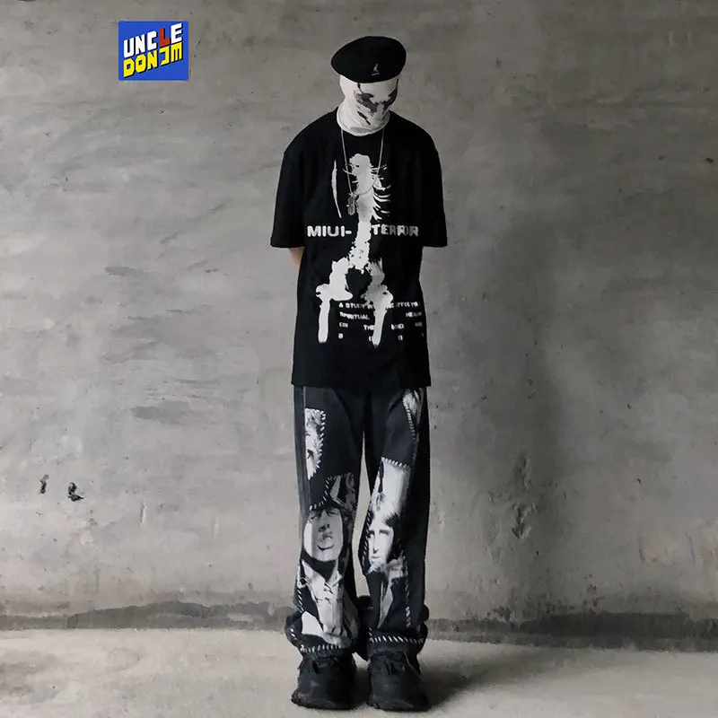 UNCLEDONJM High Street Patchwork Printed Jeans Ins Hip Hop Wide Leg Pants Men hip hop jeans men baggy jeans