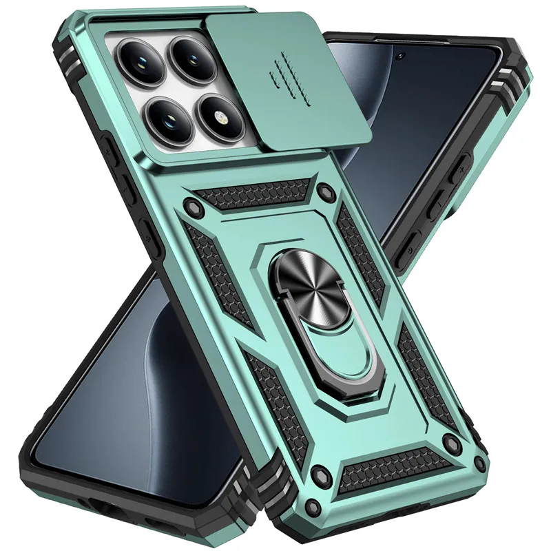 Durable Armor Protective Case with Slide Lens Cover and Ring Stand