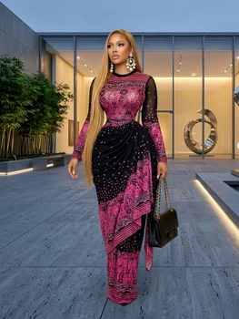 CM.YAYA Women Tie Dye Printed Stacked Ruched Long Sleeve Midi Bodycon Maxi Long Dress Birthday Party Education Trendy Dresses 1