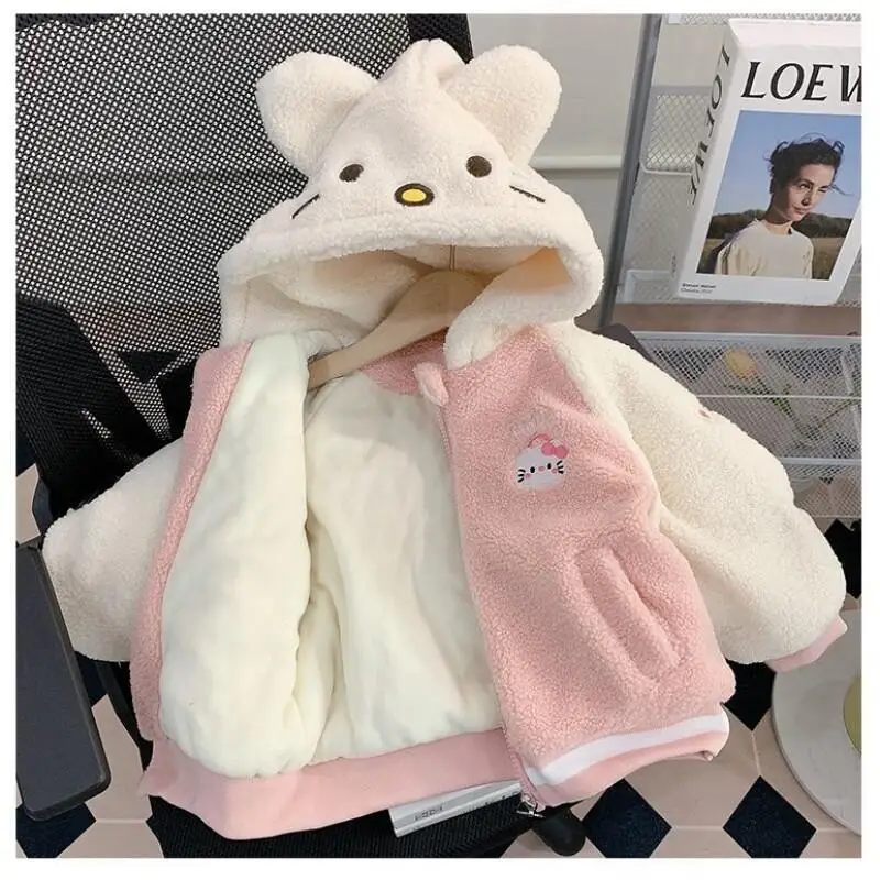 산리오 헬로 키티 여아 겨울 코트 양털 안감 두꺼운 면  소녀용 가을 및 겨울 2024 새로운 패셔너블 스타일