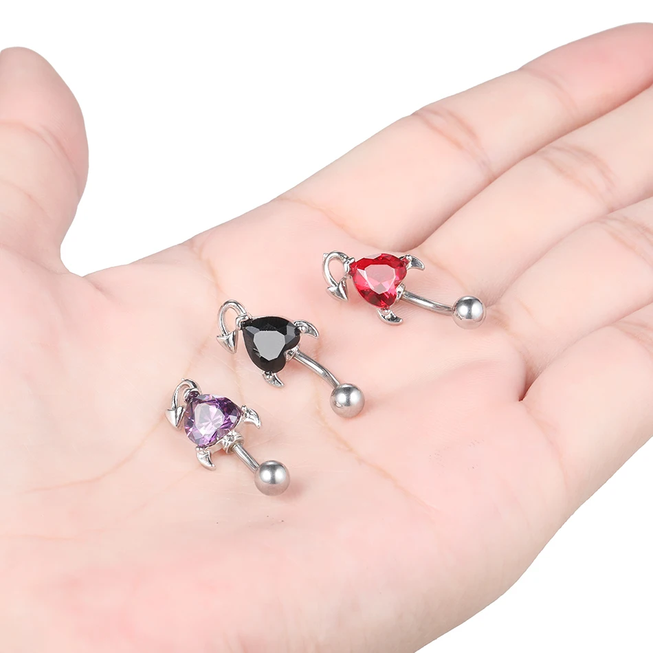 Stainless Steel Heart Belly Button Ring Women Sexy Purple Red Zircon Demon Devil Navel Piercing Dangle Earring Body Jewelry 1PC