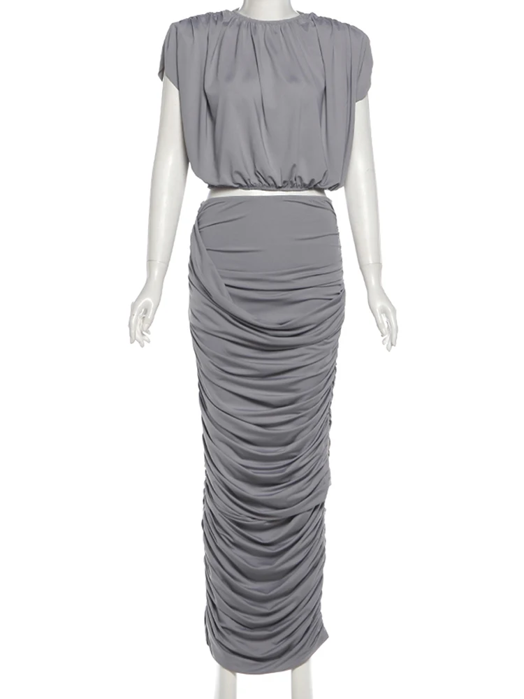 Nibber Classic Elegant 2-Piece Set Women Ruched Sleeveless Crop Top+Stretch Irregular Peach Hip Skirt Skinny Evening Outfits